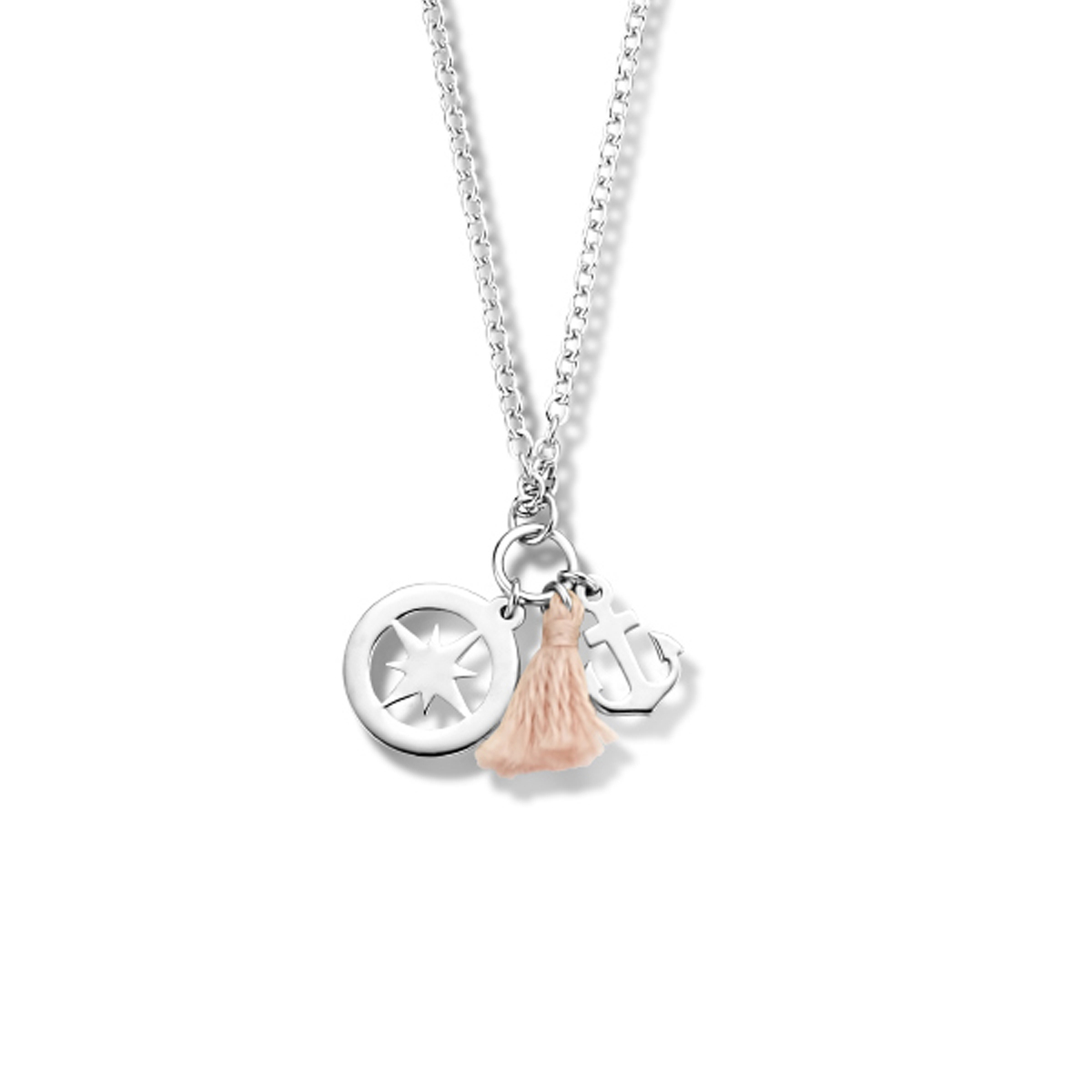 Gerhodineerd 925 zilveren collier uitgevoerd met hangers in de vorm van een ster, anker en een kwastje. Het collier heeft een schakelbreedte van 1.5mm en een draaglengte van 42cm met een extensie van 3cm. Uitgevoerd met een stevige karabijn sluiting.