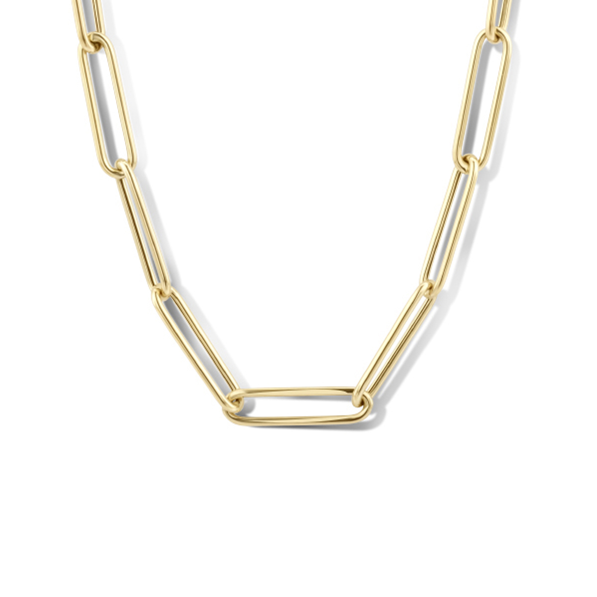 14k Geelgouden collier met een paperclip schakel van 4mm en een jasseron schakel van 2mm. Het collier heeft draaglengtes van 43 en 45cm. Uitgevoerd met een karabijnslot.