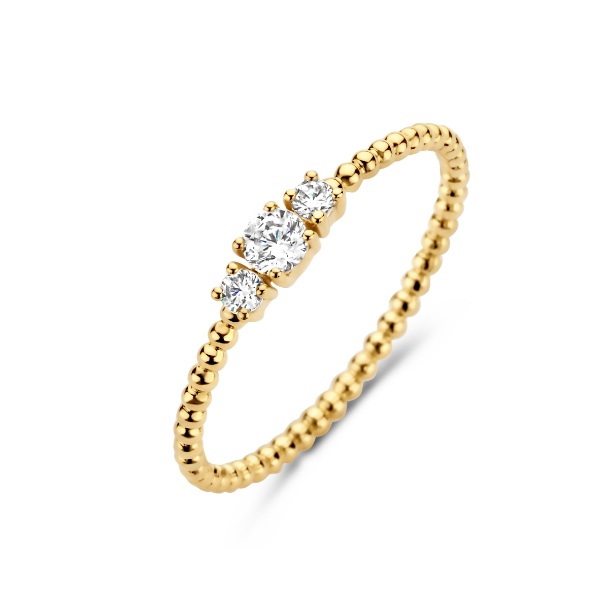 14k Geelgouden ring uitgevoerd met een schitterende zirkonia rij. De ring heeft een breedte van 3mm, bolletjesring.