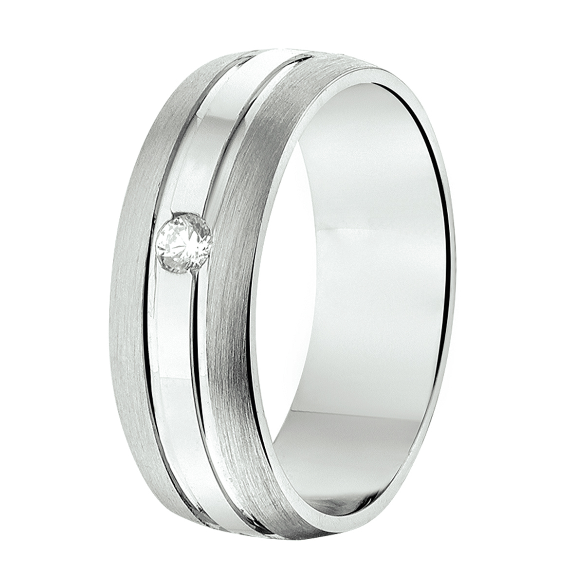 Gerhodineerd zilveren relatiering uitgevoerd met zirkonia. De ring heeft een breedte van 6.5mm.