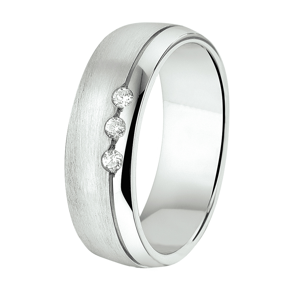 Gerhodineerd zilveren relatiering uitgevoerd met zirkonia. De ring heeft een breedte van 6mm.