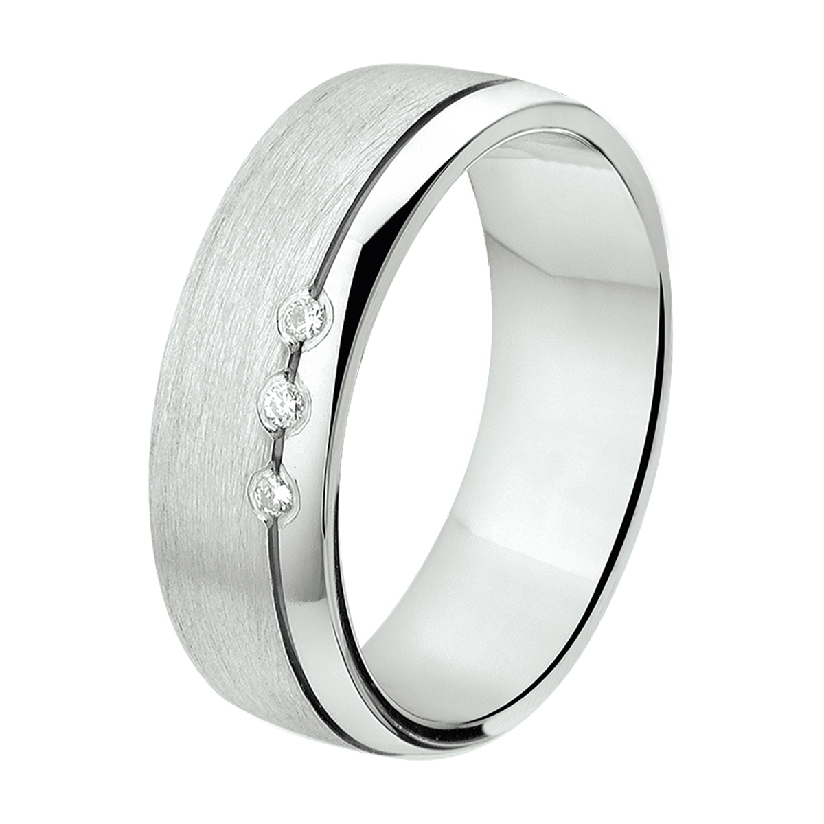Gerhodineerd zilveren relatiering met diamant. De ring heeft een breedte van 6mm.