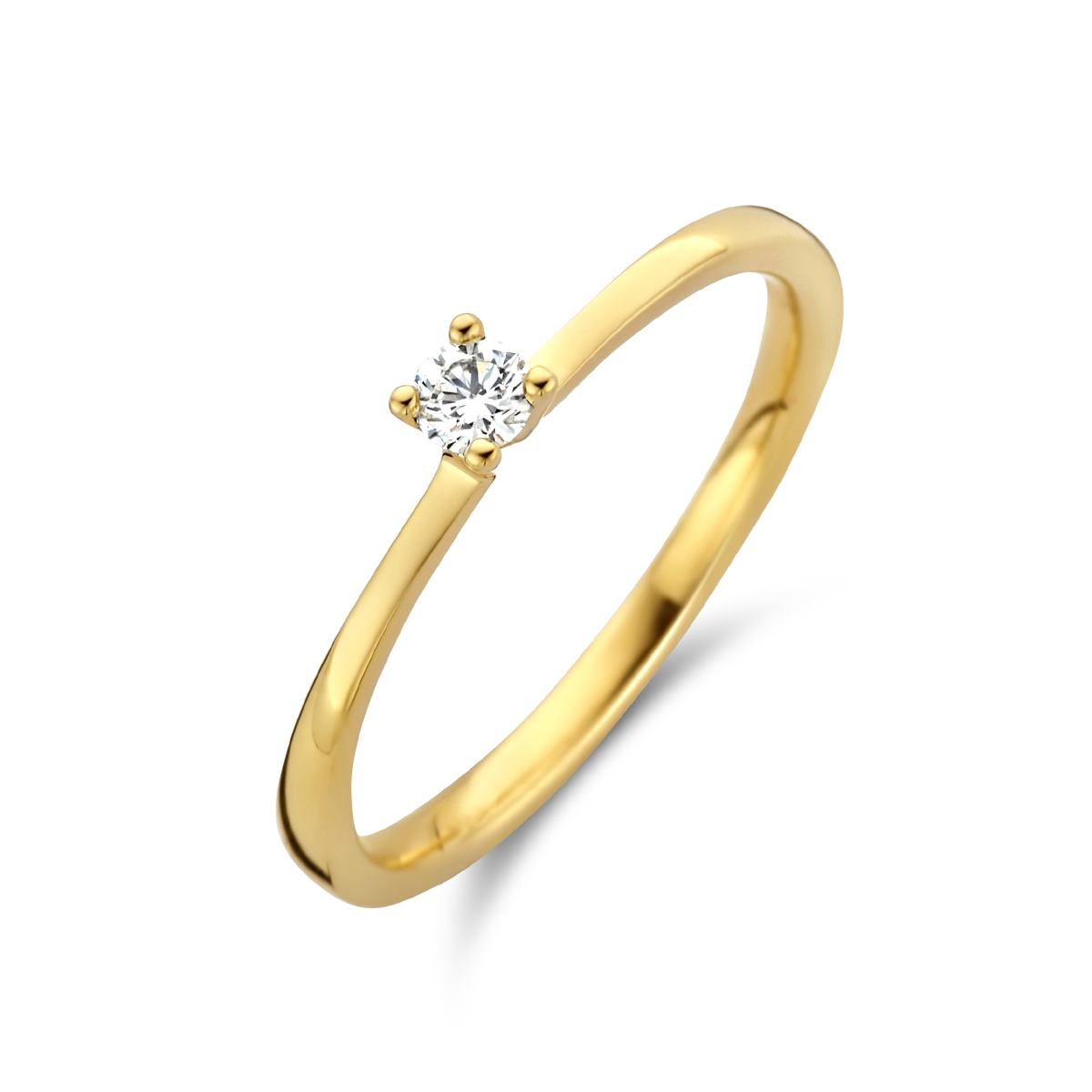 14k Geelgouden ring uitgevoerd met een schitterende diamant. De ring heeft een breedte van 3mm.