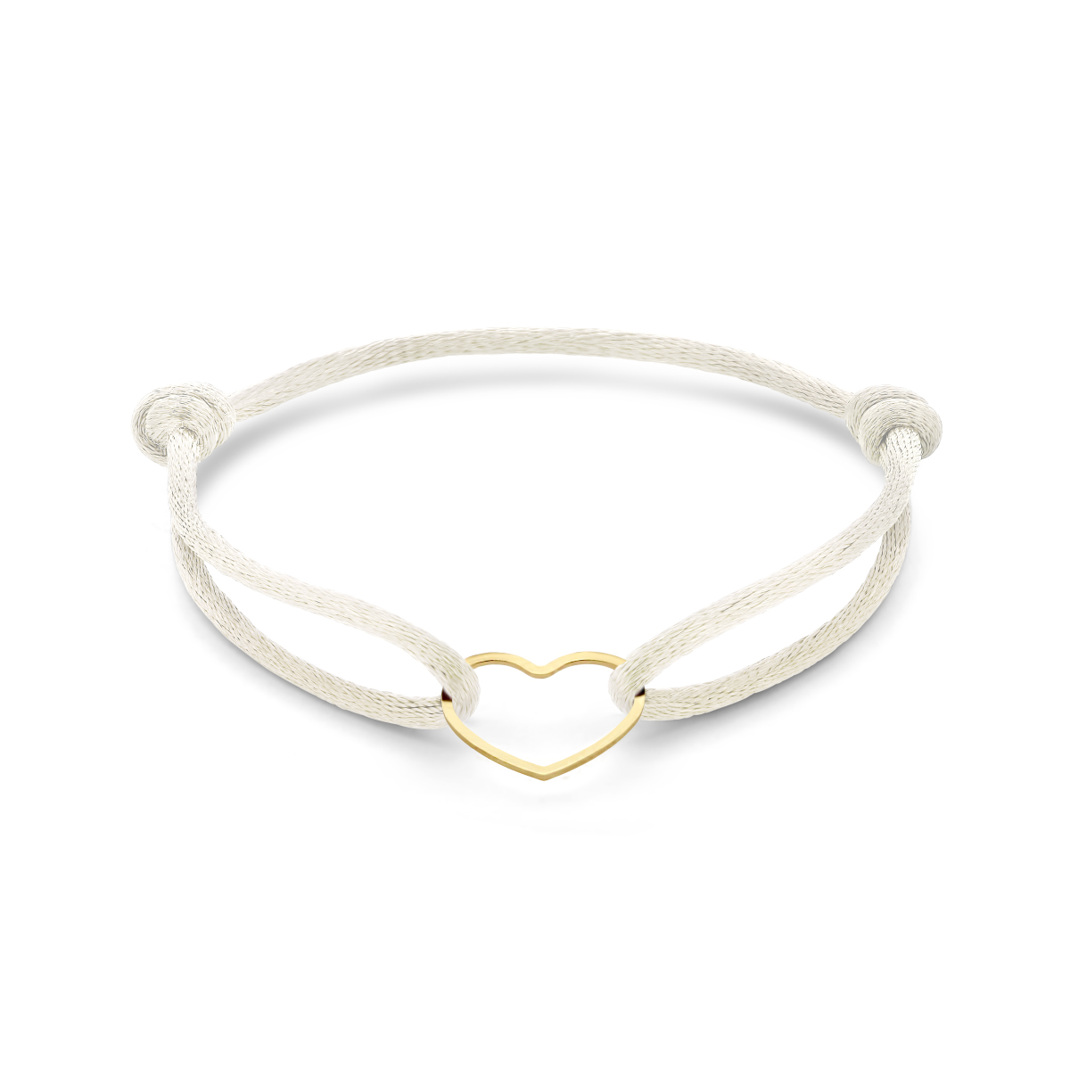 Creme ivoor gevlochten armband uitgevoerd met geelgoud op 925 zilveren hartje. De armband heeft draaglengtes van 13 tot 26cm en het hartje heeft een afmeting van 12.5x15.5mm. Geen garantie op plating.