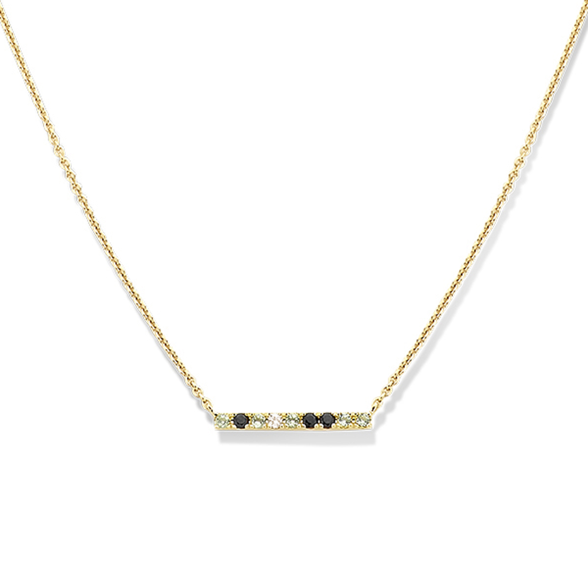 14k Geelgouden collier uitgevoerd metschitterendeedelstenen zoals: brown diamond, rookkwarts en peridot. Het collier heeft draaglengtes van 41, 43 en 45cm. De schakelbreedte is 0.9mm.