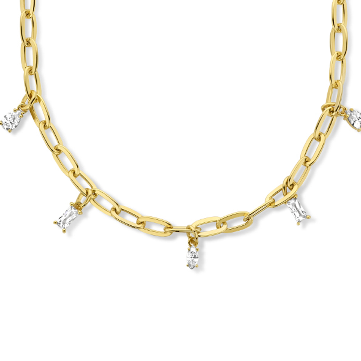 Geelgoud op 925 zilveren collier uitgevoerd met zirkonia stenen. Het collier heeft een draaglengte van 42cm met een extensie van 3cm. De schakelbreedte is 5.0mm. Geen garantie op de plating.