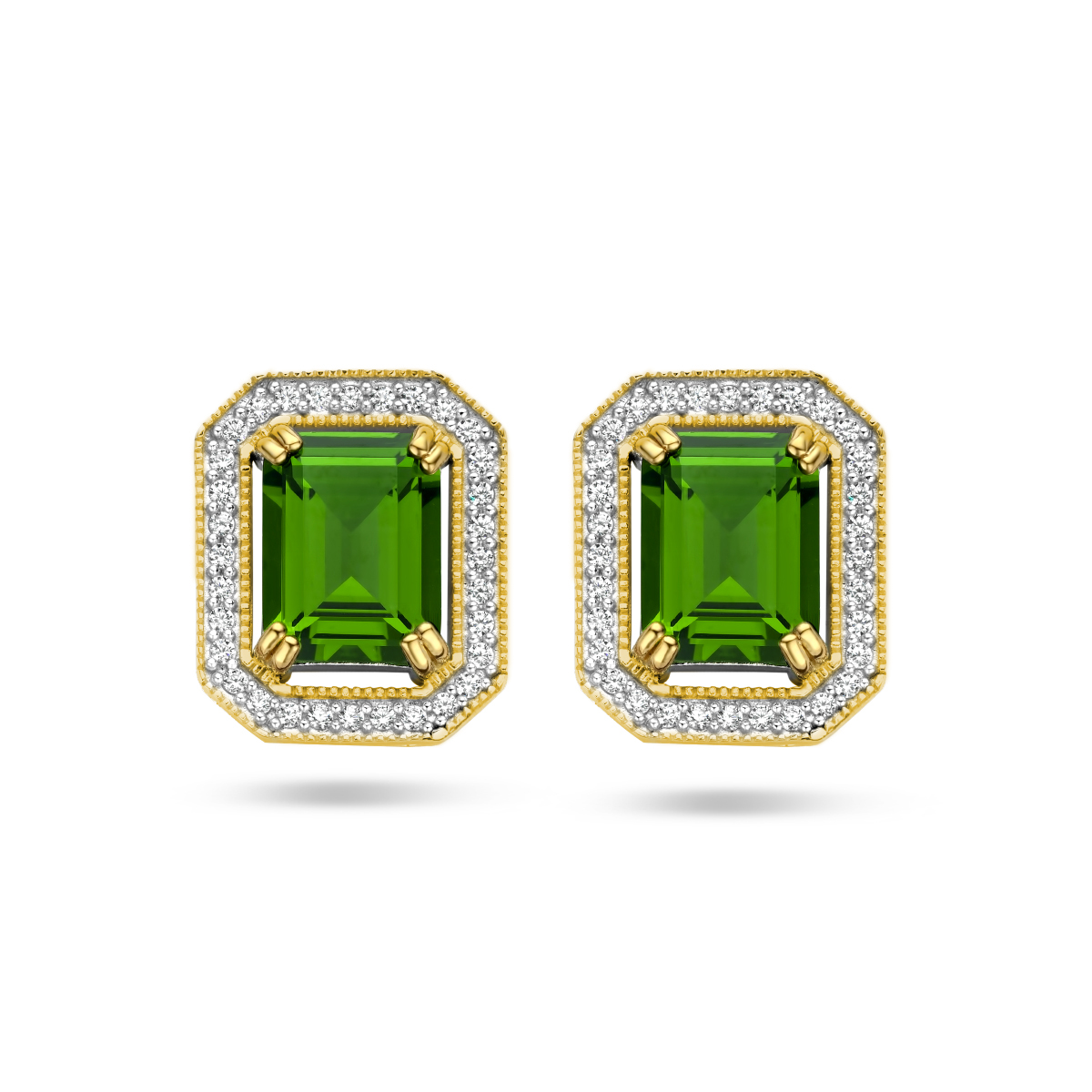 Bi-color geelgoud met gerhodineerd 925 zilveren oorknoppen uitgevoerd met zirkonia (9 x 7mm). Geen garantie op plating.