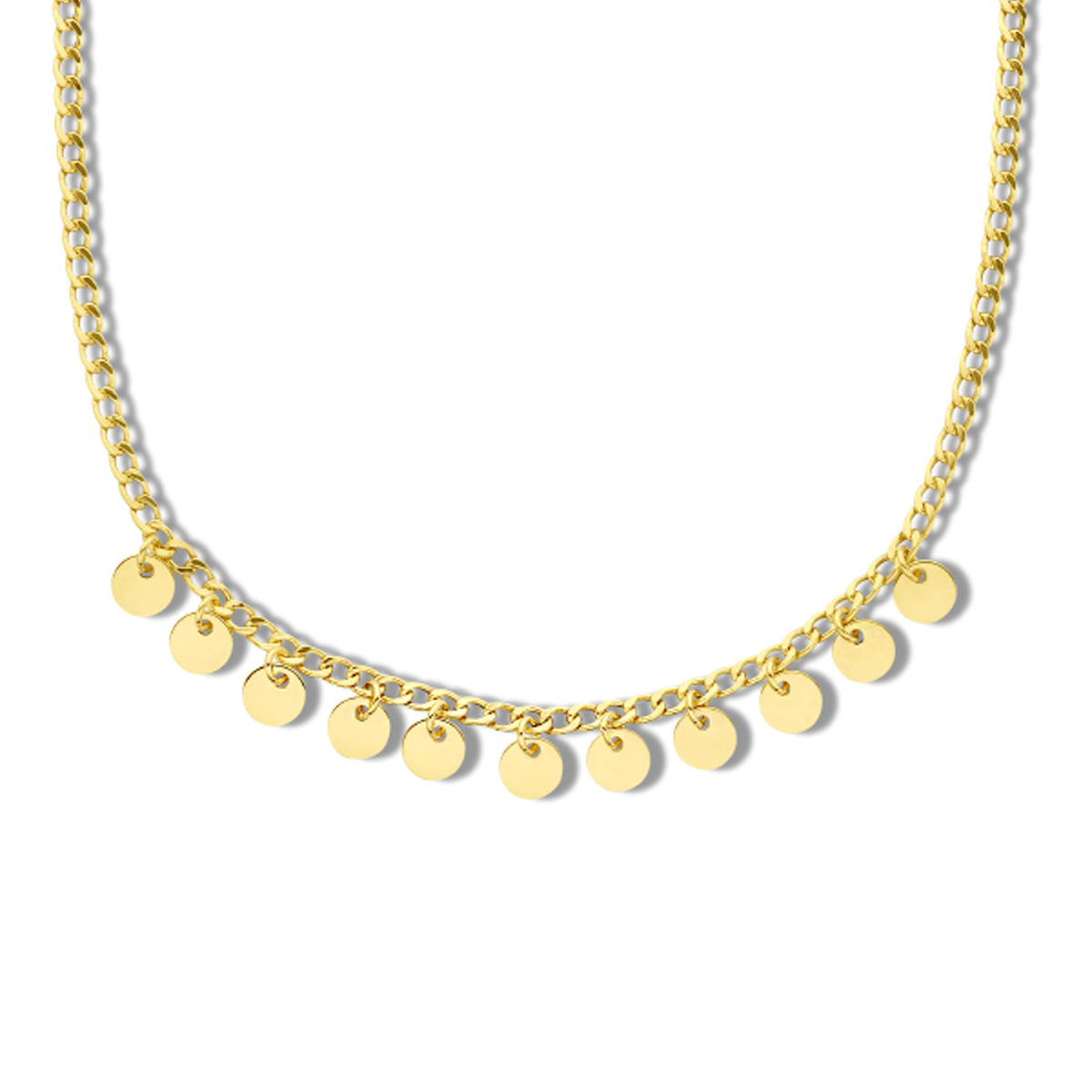 Geelgoud op 925 zilveren collier uitgevoerd met rondjes. Het collier heeft een draaglengte van 40cm met een extensie van 4cm en een stevige karabijn sluiting. De rondjes hebben een diameter van 5.2mm. De schakelbreedte is 2.4mm. Geen garantie op de plating.