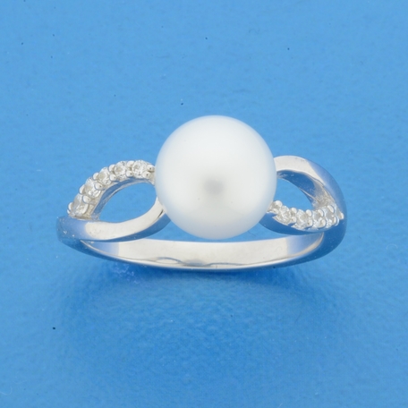 Gerhodineerde zilveren ring met een parel en zirkonia's op maat 17.25.