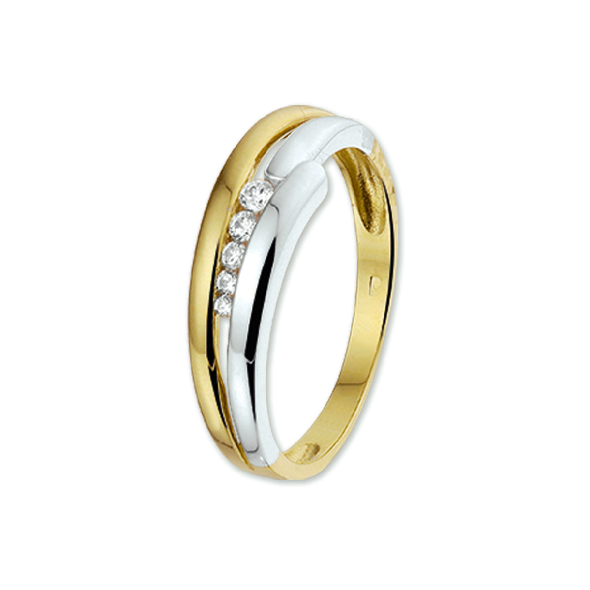Bicolor wit- en geelgouden ring met zirkonia's 
maat 18 en verkrijgbaar in diverse andere maten.