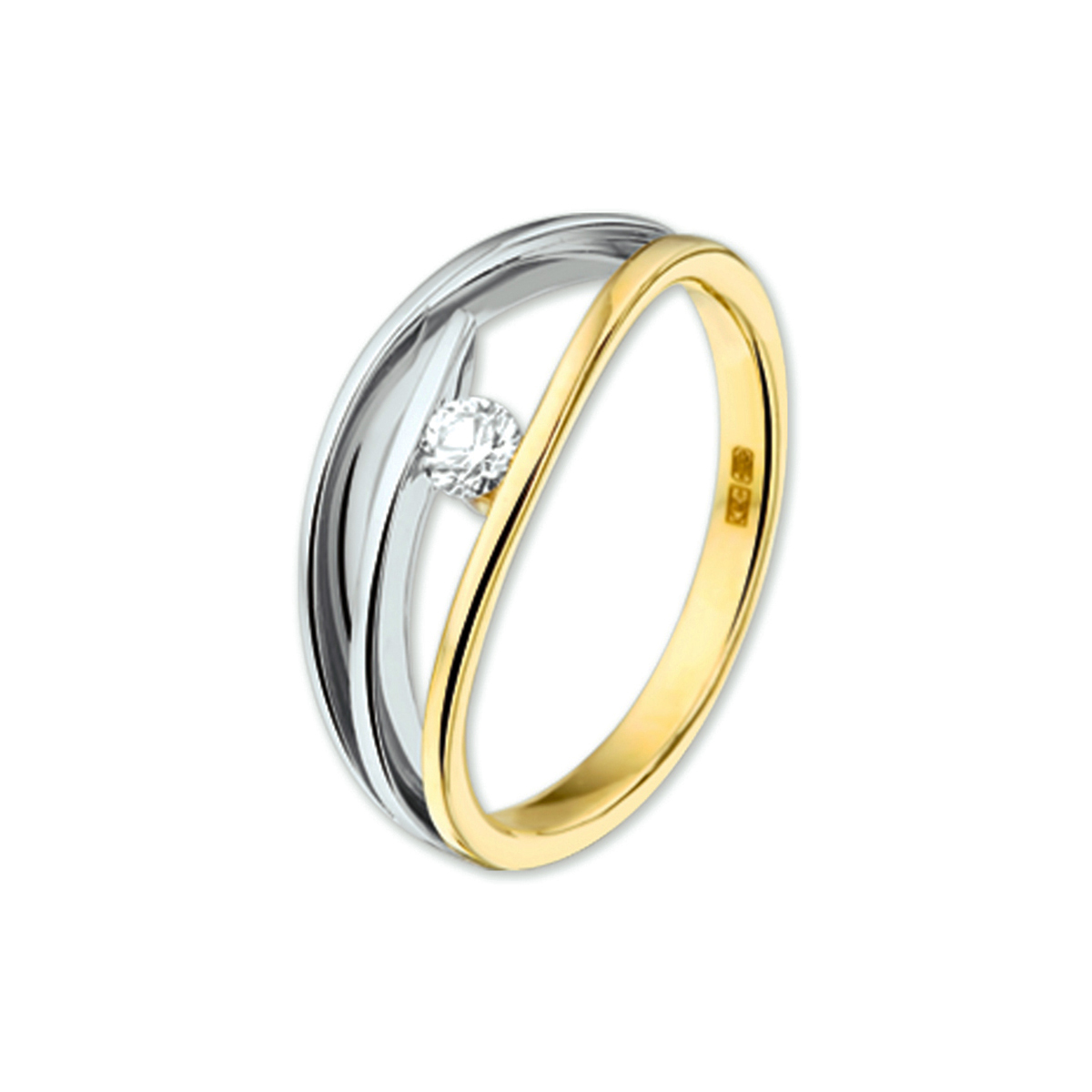 Bicolor wit- en geelgouden ring met zirkonia.