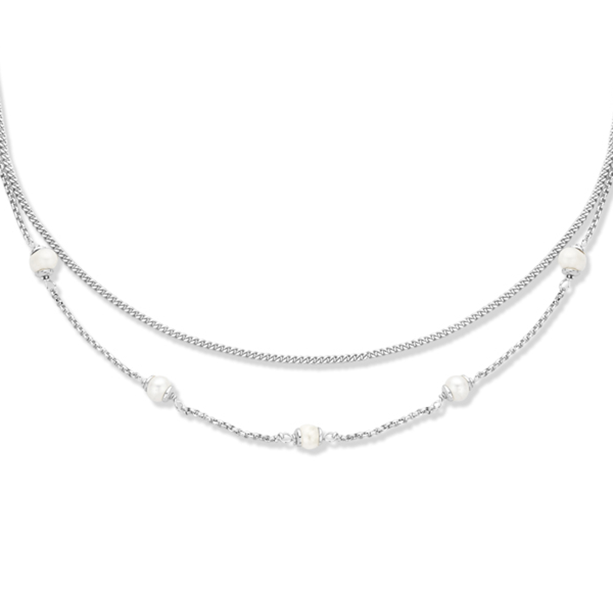 Gerhodineerd 925 zilveren collier met zoetwaterparels. Het collier heeft een draaglengte van 41cm en een extensie van 4cm. Uitgevoerd met een karabijn sluiting. De schakelbreedte is 1.5mm.