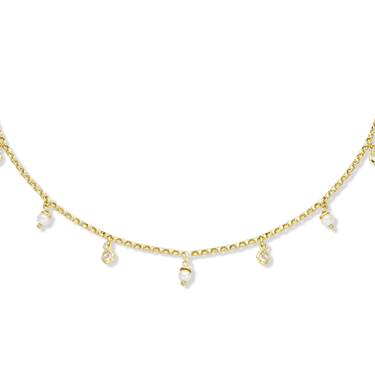 Geelgoud op 925 zilveren collier met zoetwaterparels en zirkonia. Het collier heeft een draaglengte van 41cm en een extensie van 4cm. Uitgevoerd met een karabijn sluiting.  De schakelbreedte is 1.8mm. Geen garantie op plating.
