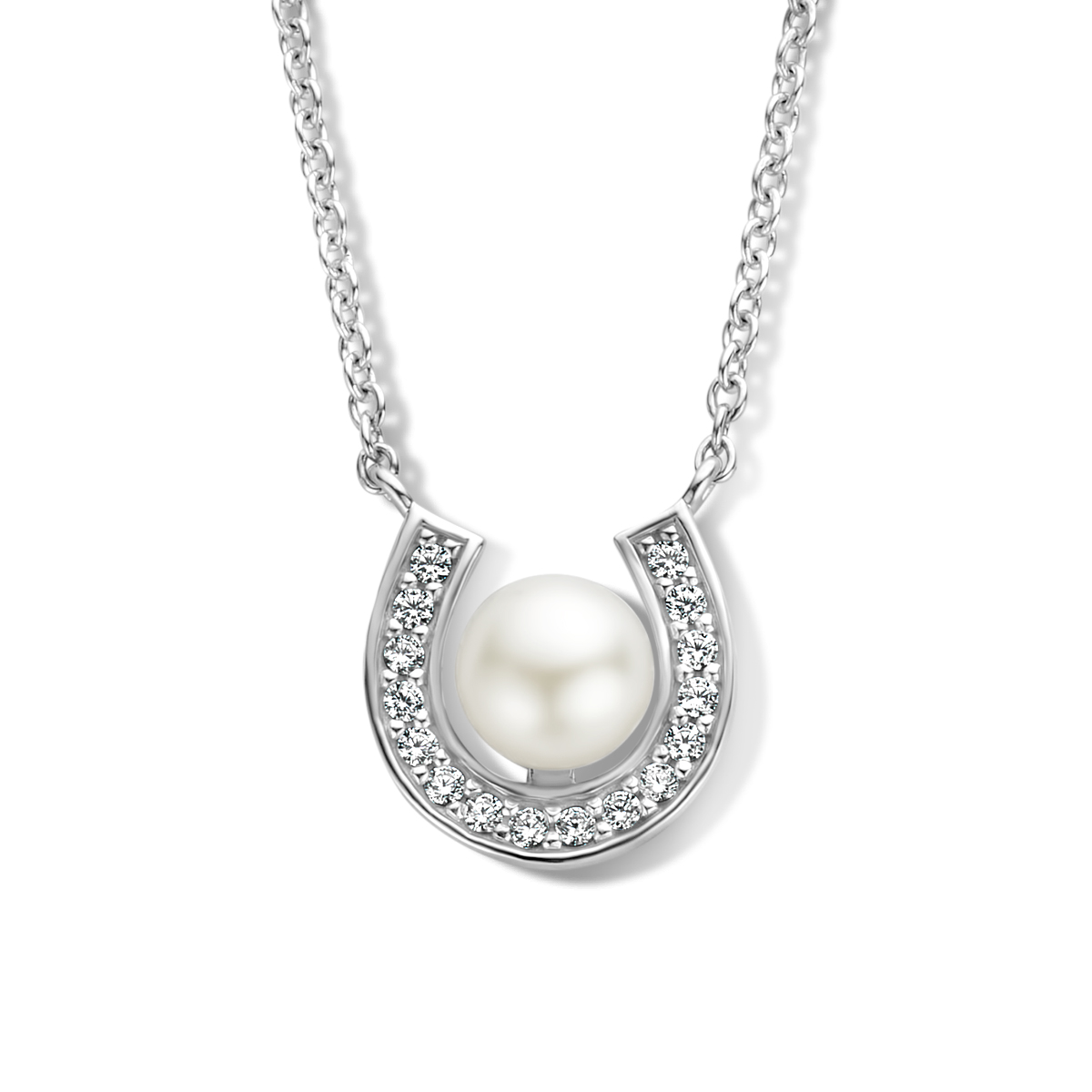 Gerhodineerd 925 zilveren collier uitgevoerd met schitterende zirkonia en een zoetwaterparel. Het collier heeft een draaglengte van 42cm en een extensie van 3cm. De schakelbreedte is 1.5mm.