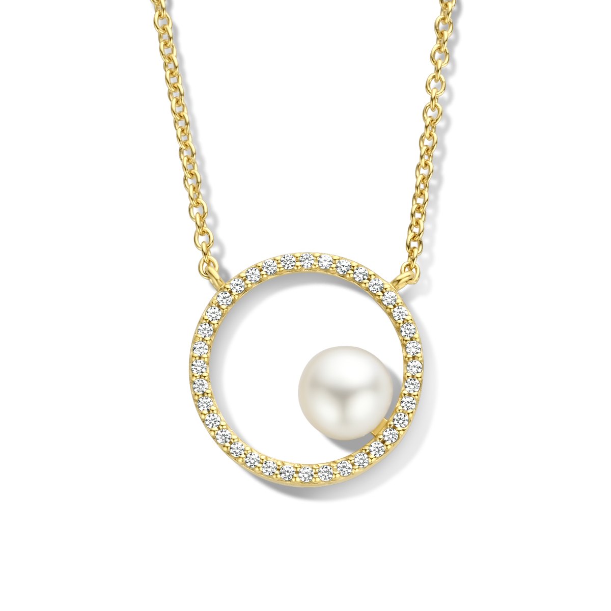 Geelgoud op 925 zilveren collier met schitterende zirkonia en een zoetwaterparel. Het collier heeft een draaglengte van 42cm en een extensie van 3cm. De schakelbreedte is 1.5mm. Uitgevoerd met een karabijn sluiting. Geen garantie op de plating.