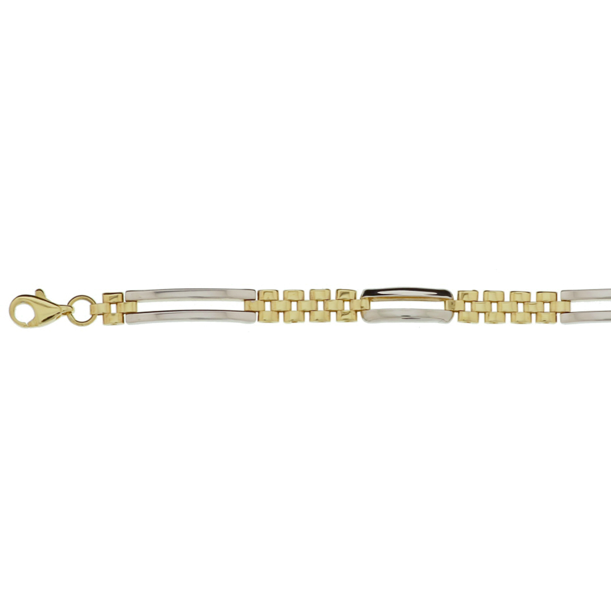 Bicolor wit- en geelgouden panter schakelarmband. De schakelbreedte is 4.5mm.