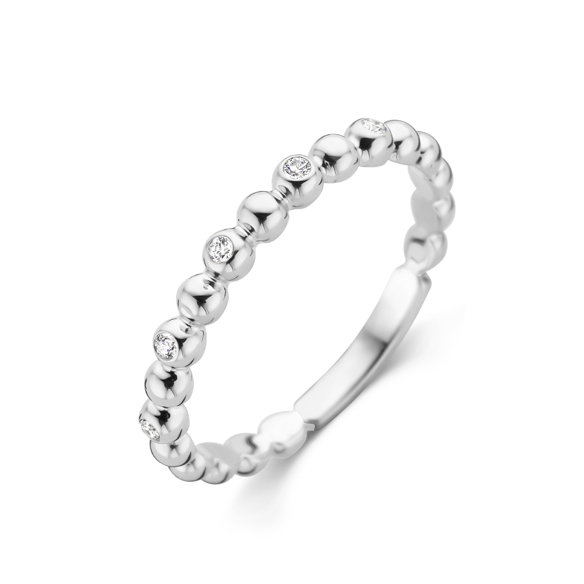 Gerhodineerd 925 zilveren ring uitgevoerd met een schitterende zirkonia. De ring heeft een breedte van 2.5mm.