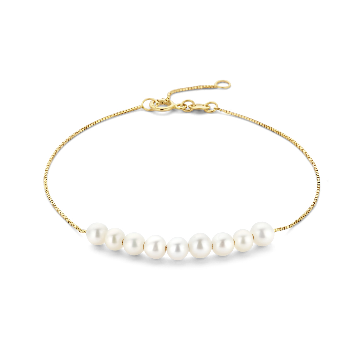 14k Geelgouden armband uitgevoerd met schitterende parels. De armband heeft een schakelbreedte van 0.6mm.
Parels 4,5 mm 16,5 - 18,5 cm