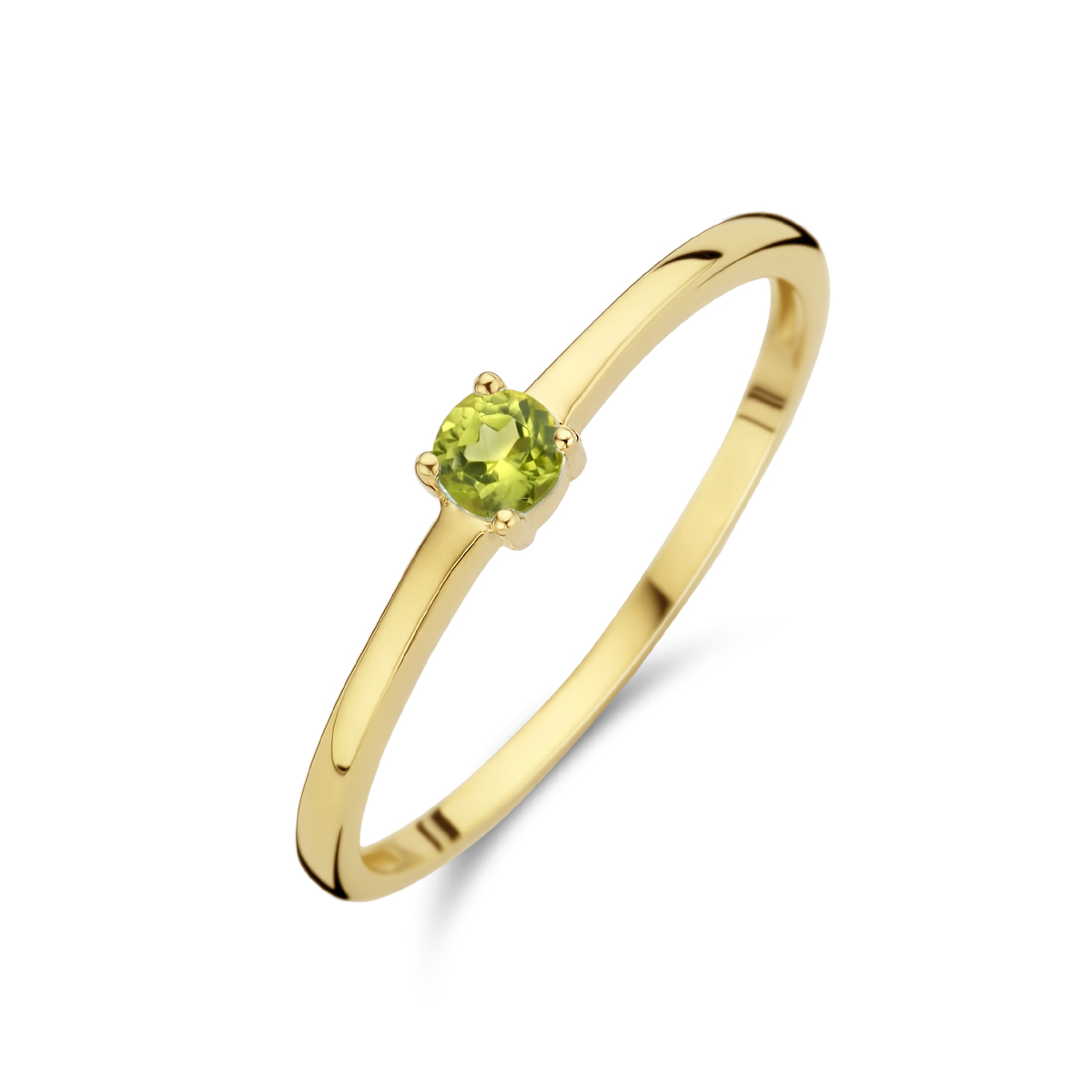 14k Geelgouden ring uitgevoerd met een schitterende peridot. De ring heeft een breedte van 3mm.