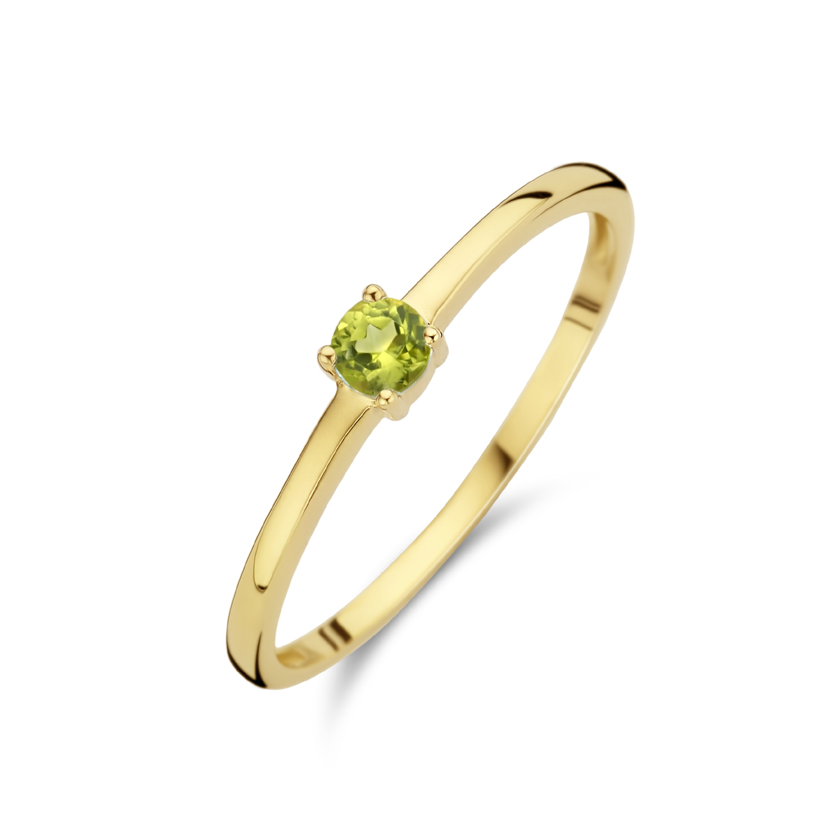 14k Geelgouden ring uitgevoerd met een schitterende peridot. De ring heeft een breedte van 3mm.