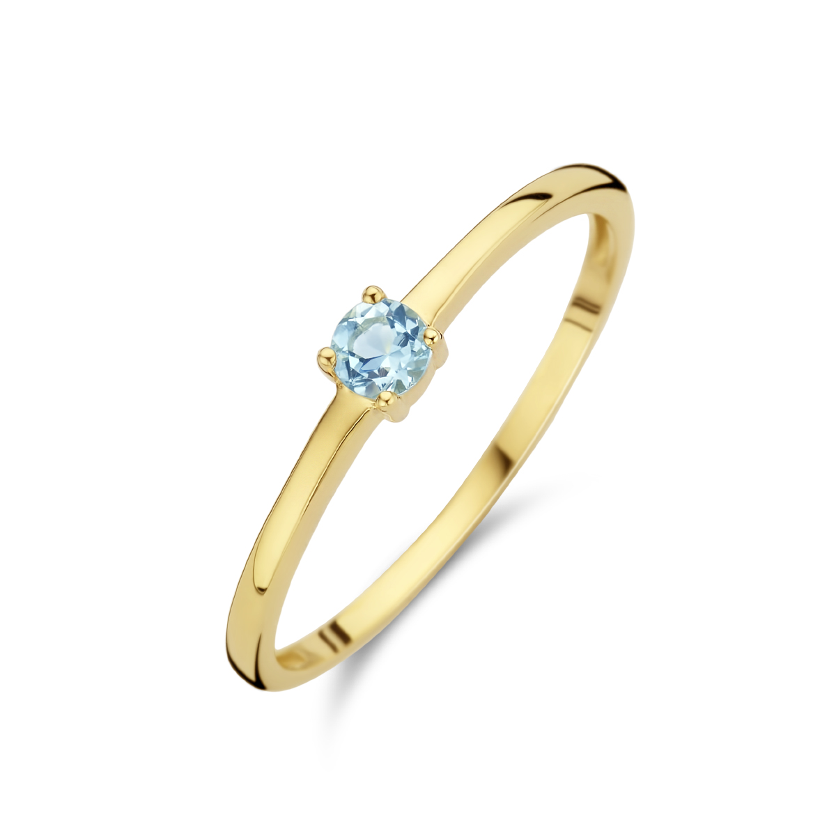 14k Geelgouden ring uitgevoerd met een schitterende aquamarijn. De ring heeft een breedte van 3mm.