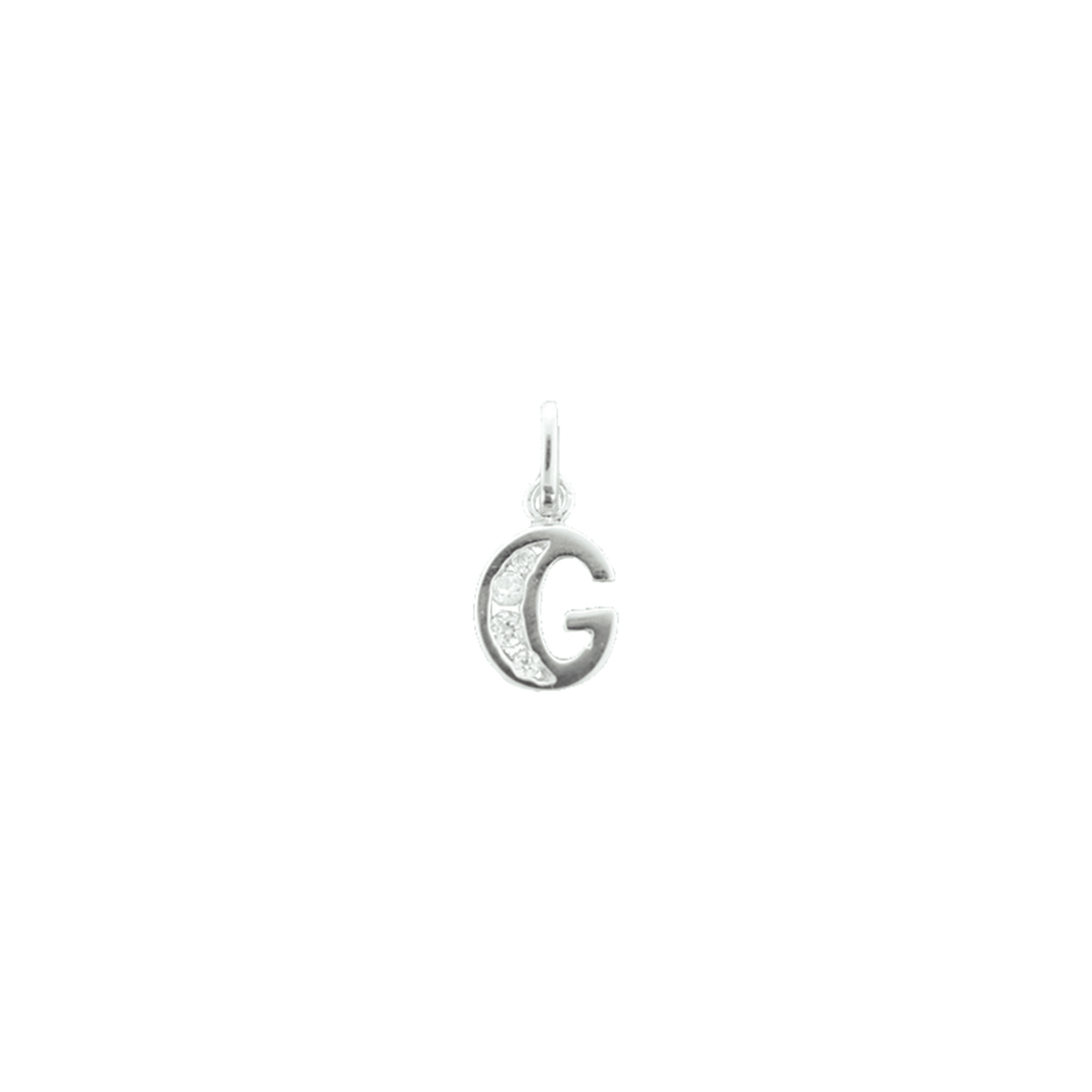 Gerhodineerd zilveren hanger letter G met een hoogte van 11mm en een breedte van 7.5mm. Uitgevoerd met een schitterende rij van zirkonia.