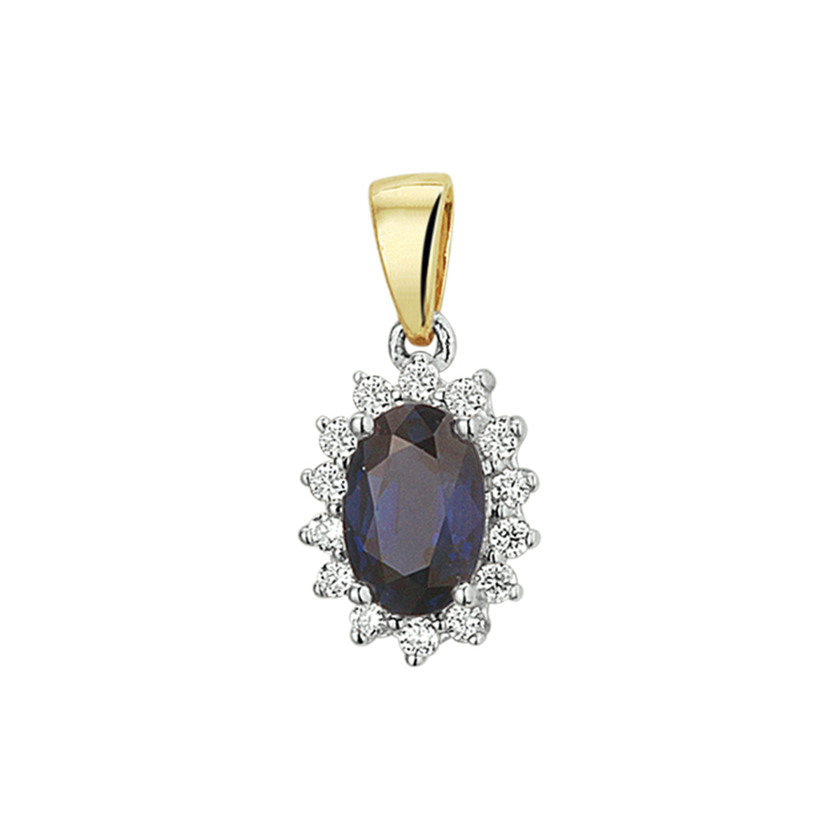 Bicolor geel en witgouden hanger met een hoogte van 1.4cm en hanger van 6x4mm uitgevoerd met saffier en briljant geslepen diamant in een luxe rijzetting 0.10ct H SI. De hanger is onderdeel van een set en is te verkrijgen in verschillende afmetingen.