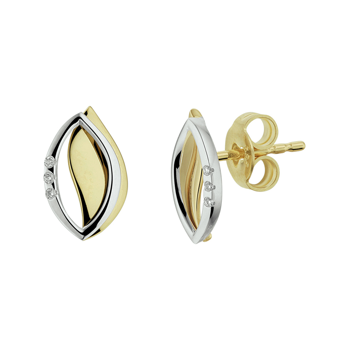 Stijlvolle 14k bicolor geel- en witgouden oorknoppen uitgevoerd met een schitterende diamant rij. De oorknoppen hebben een afmeting van 11x7mm.
