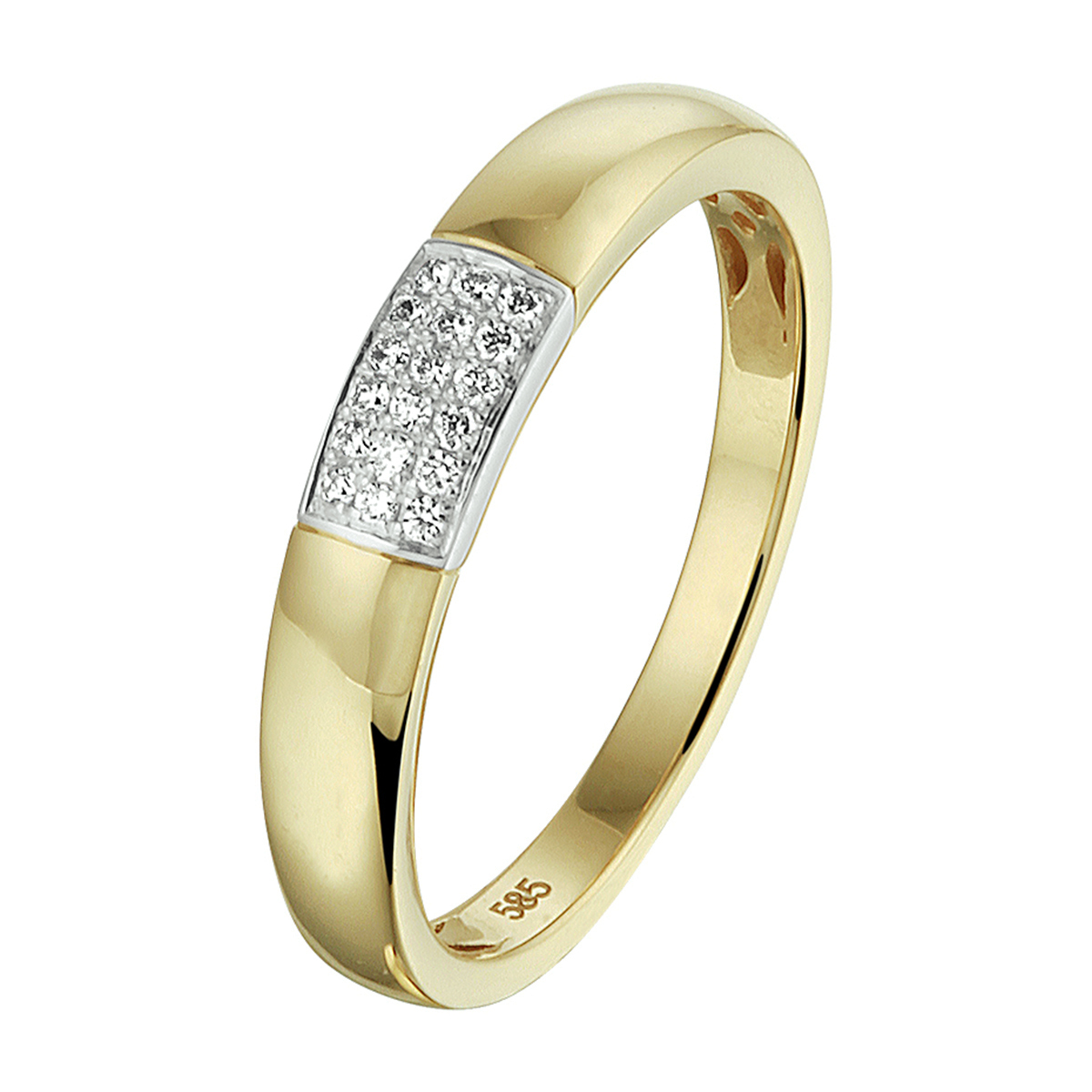 14k Bicolor geel- en witgouden ring uitgevoerd met een schitterend diamant vlak. De ring heeft een breedte van 4mm.