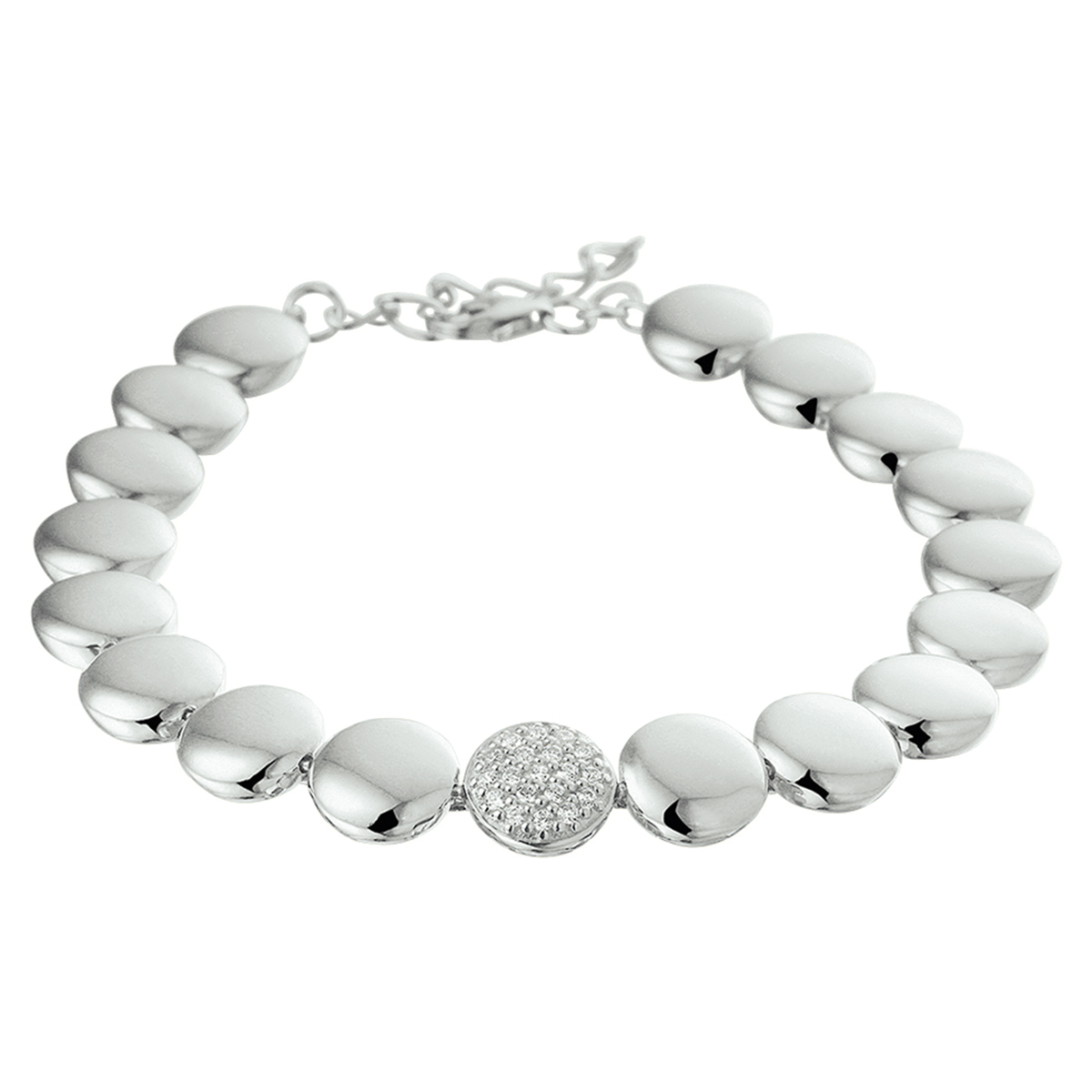 Beschrijving: Gerhodineerd zilveren armband met rondjes en zirkonia. De lengte bedraagt 17.5cm met 3cm extensie en de schakelbreedte bedraagt 8.4mm. 
Doelgroep: dames
Kortste lengte: 17.5 mm
Langste lengte: 20.5 mm
Zetting: pave