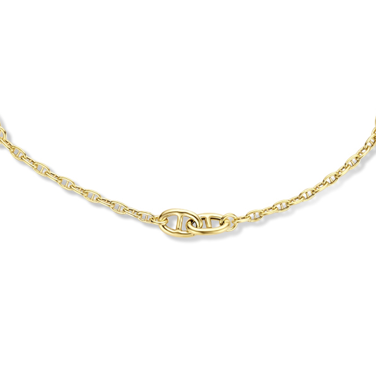 Geelgoud op 925 zilveren anker collier uitgevoerd met een karabijn sluiting en schakelbreedtes van 3 en 7mm. Het collier heeft een draaglengte van 40cm met een extensie van 4cm. Geen garantie op plating.