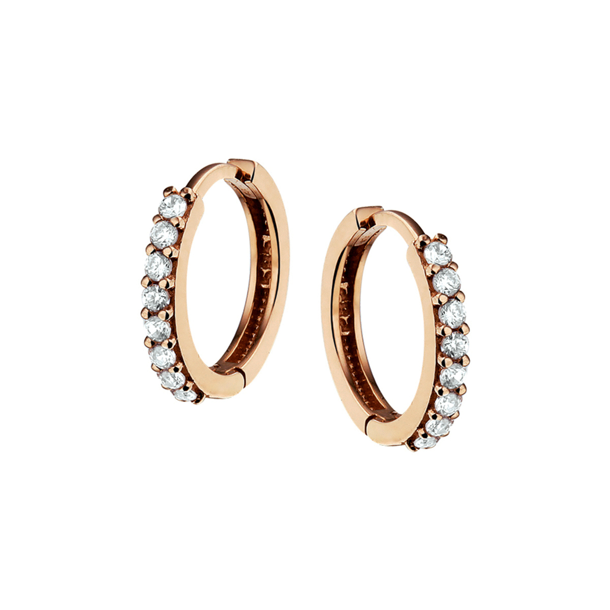 Rosegouden klapoorringen met een afmeting van 13.2x1.7mm uitgevoerd met een  luxe rijzetting van briljant geslepen zirkonia.