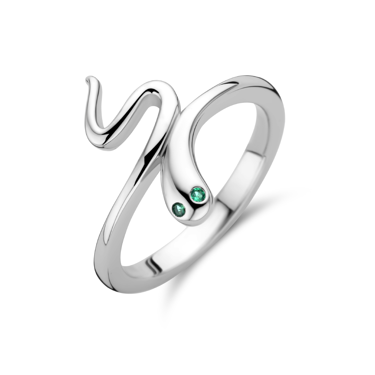 Gerhodineerd 925 zilveren ring met een slang voorstelling. Uitgevoerd met een schitterende groen zirkonia. De ring heeft een breedte van 14.5mm.