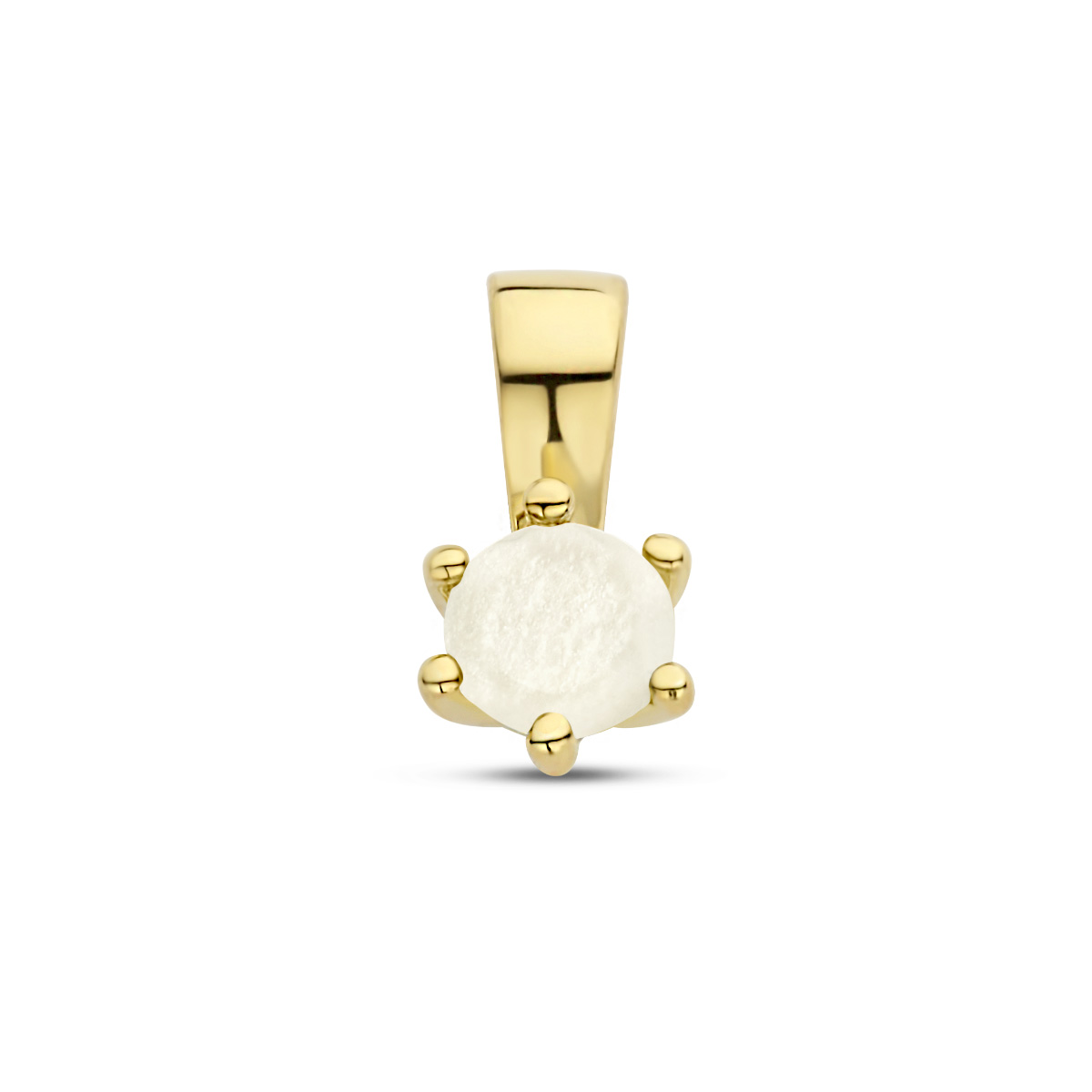 Zilver vergulde hanger met geboortesteen van juni uitgevoerd met een schitterende maansteen. De hanger heeft een afmeting van 10x5mm. Geen garantie op plating.