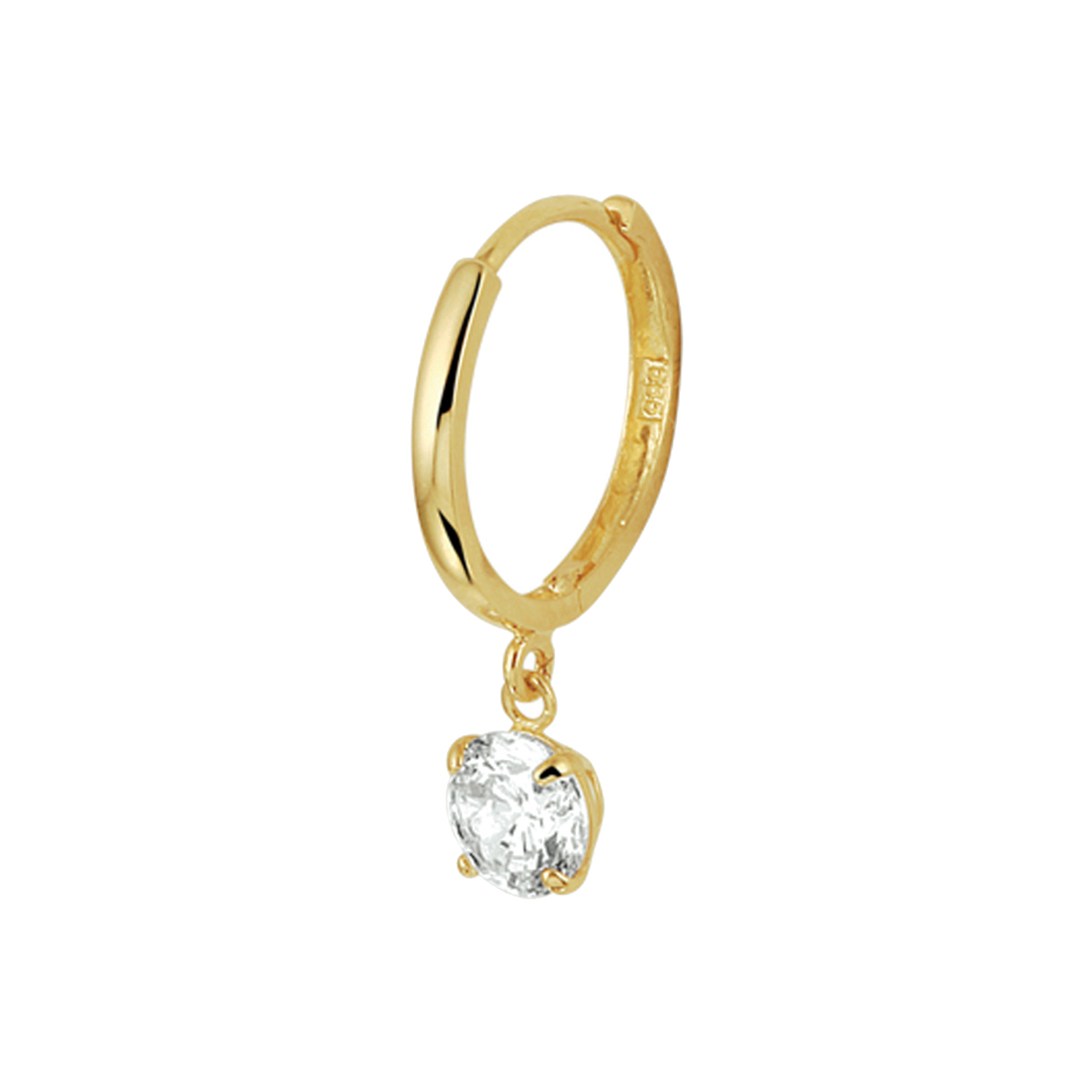 14k Geelgouden klapoorring uitgevoerd met een briljant geslepen zirkonia in een chaton zetting. De klapoorring heeft een diameter van 13mm met een 1.5mm brede buis. De zirkonia heeft een diameter van 5mm. Deze oorsieraden worden per stuk verkocht ipv per paar.