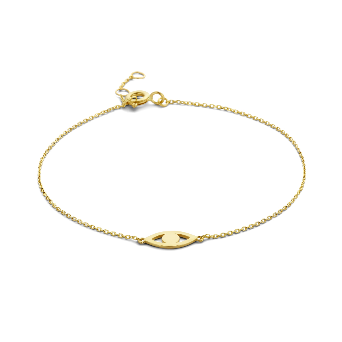 14k Geelgouden armband met een boze oog voorstelling. De armband heeft draaglengte van 16, 17 en 18cm. De schakelbreedte is 0.8mm.