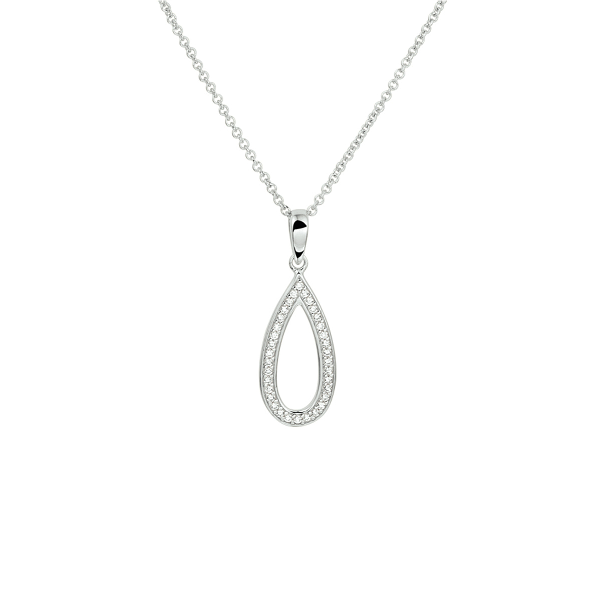 Gerhodineerd zilveren 1.3mm anker collier met een lengte van 42cm en een extensie van 3cm uitgevoerd met briljant geslepen zirkonia in een rijzetting verwerkt in een hanger van 22x9.5mm.  De schakelbreedte is 1.3mm. Het collier is te combineren met bijpassende sieraden uit onze collectie.