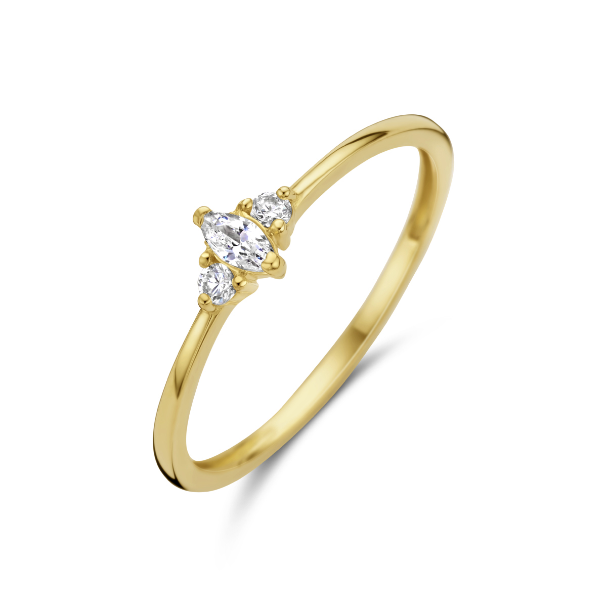14k Geelgouden ring uitgevoerd met een heldere zirkonia. De ring heeft een breedte van 4.5mm.
