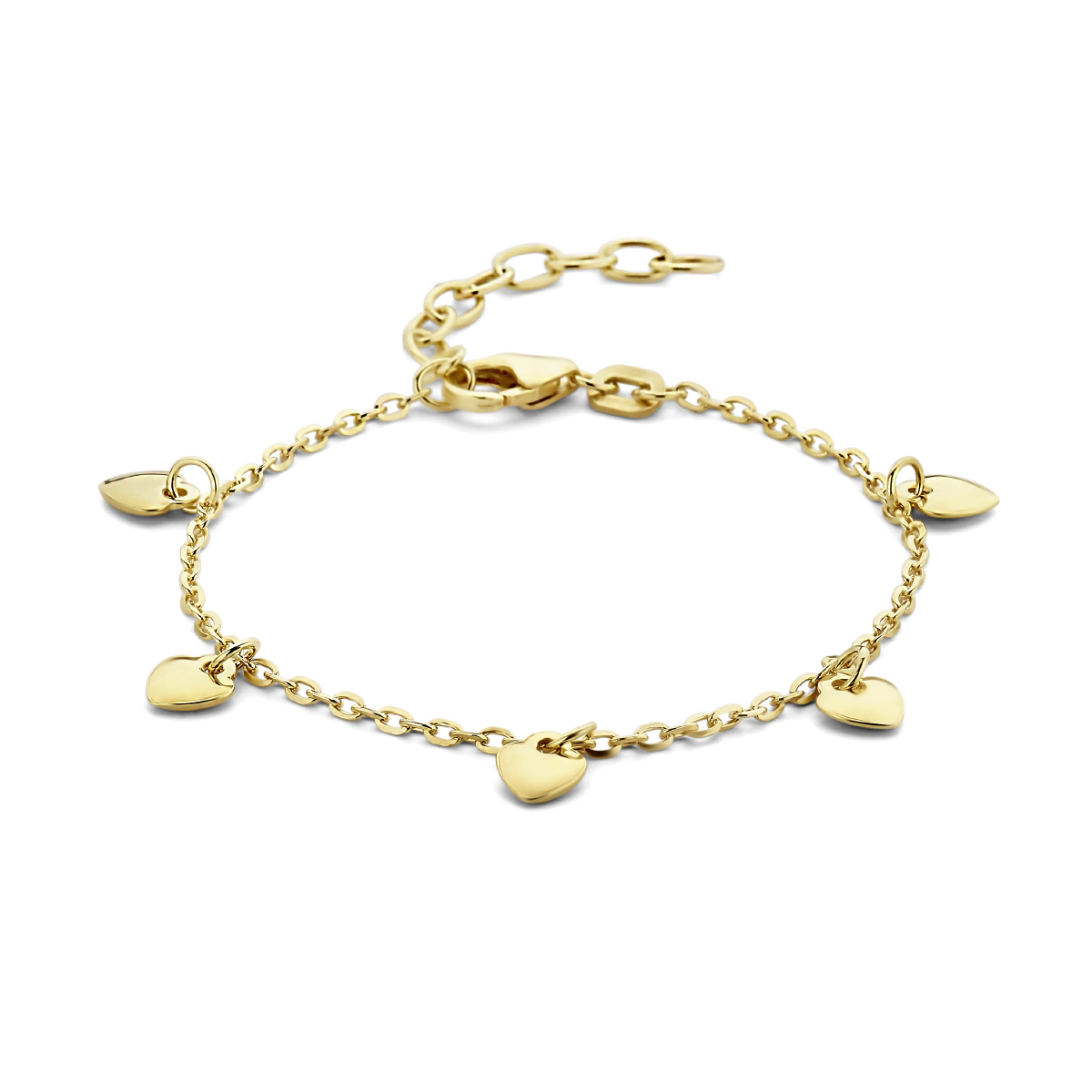 Geelgoud op 925 zilveren armband met hartjes. De armband heeft een draaglengte van 13cm en een extensie van 3cm. De schakelbreedte is 1.5mm. Uitgevoerd met een karabijn sluiting. Geen garantie op plating.