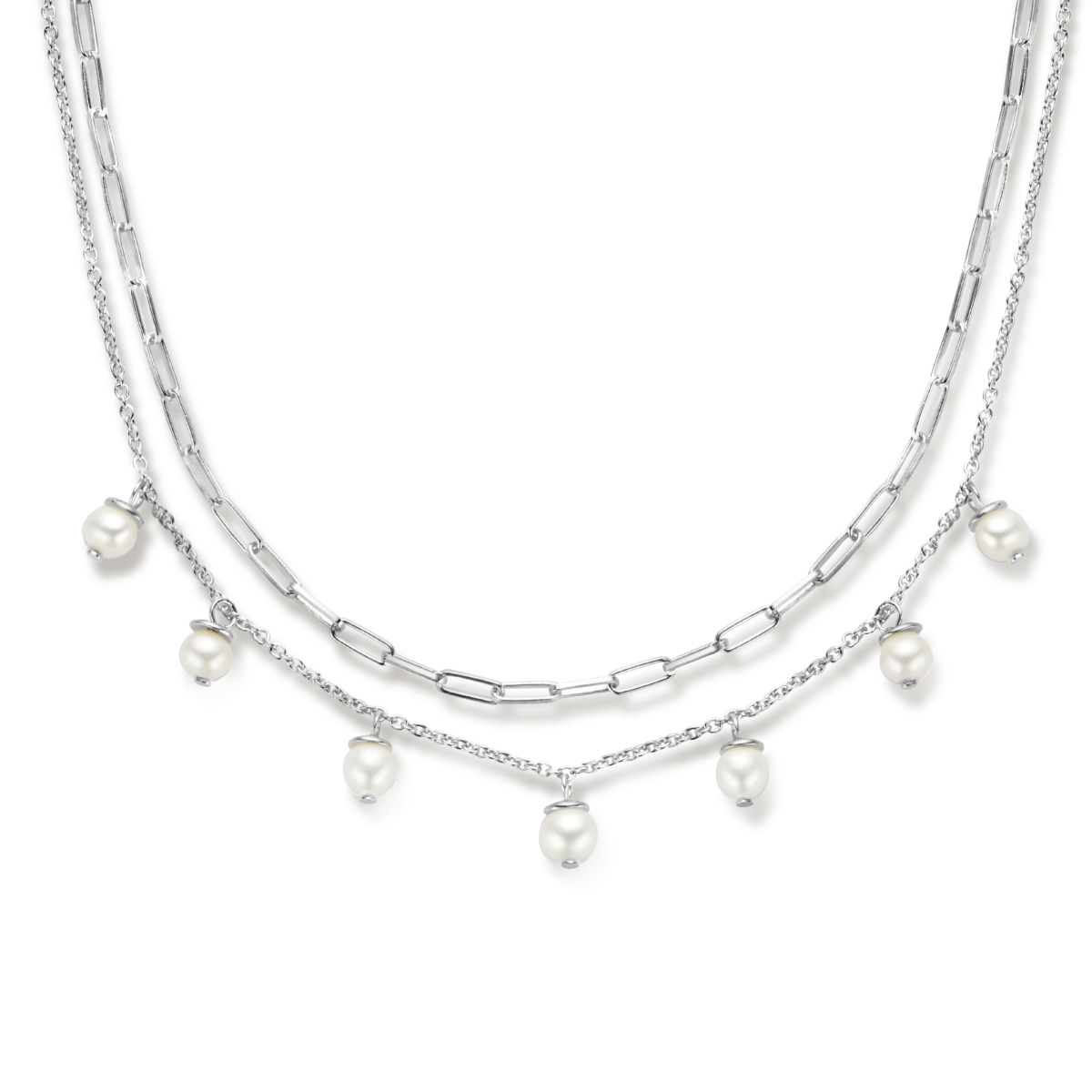 Gerhodineerd 925 zilveren collier met zoetwaterparels. Het collier heeft een draaglengte van 42cm en een extensie van 3cm. De schakelbreedtes zijn 1.4 en 2.3mm. Uitgevoerd met een karabijn sluiting.