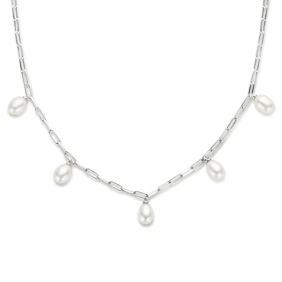 Gerhodineerd 925 zilveren collier met zoetwaterparels. Het collier heeft een draaglengte van 42cm en een extensie van 3cm. De schakelbreedte is 2.3mm. Uitgevoerd met een karabijn sluiting.
