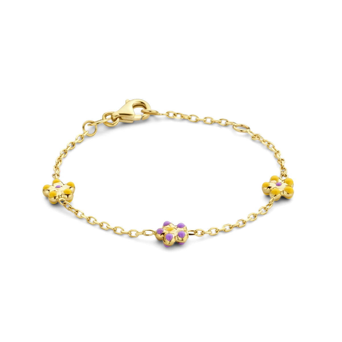 14krt geelgouden armband uitgevoerd met bloem hangers en een karabijn sluiting. De armband heeft draaglengtes van 11 en 13cm. De schakelbreedte is 1.4mm.
