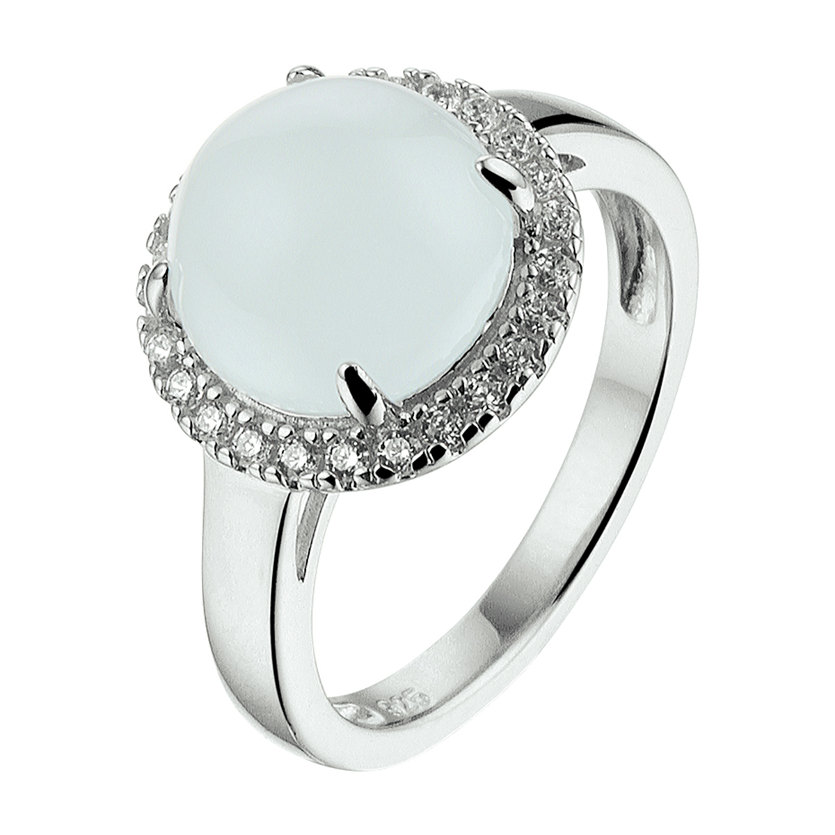 Chique gerhodineerd zilveren ring uitgevoerd met een aquamarijn steen van 10mm. De combinatie met een rozet van schitterende zirkonia stenen maken deze ring tot een ware eyecatcher. Tip: Leuk om kado te geven! Info: Gerhodineerd zilver is door de rhodiumlaag beter bestand tegen verkleuren en krassen.