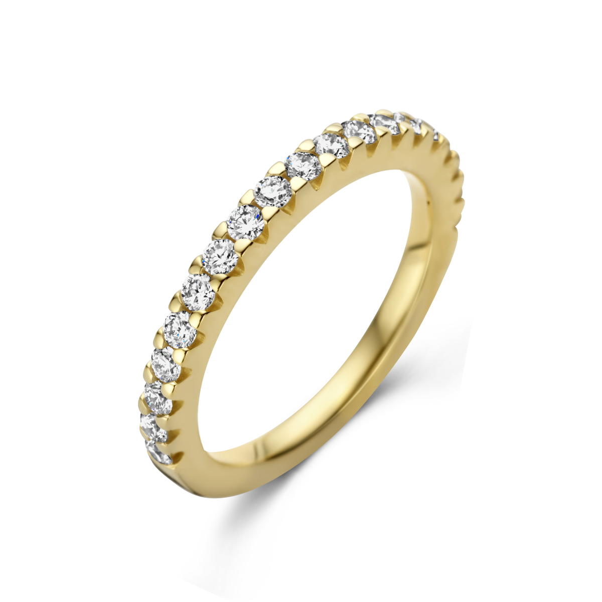 14k Geelgouden ring uitgevoerd met een schitterende diamant rij. De ring heeft een breedte van 2mm.