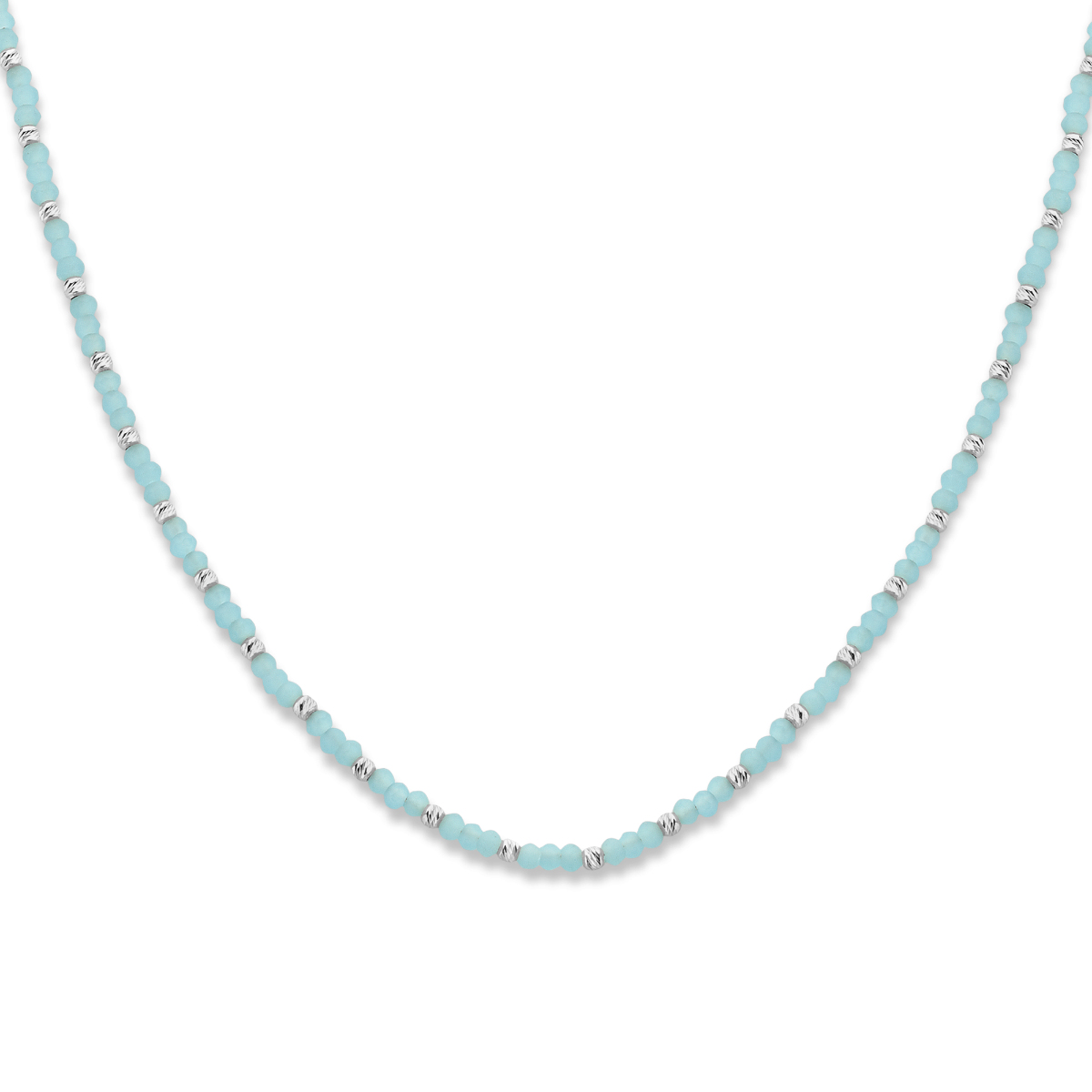 Gerhodineerd 925 zilveren collier uitgevoerd met aquablauw glas en een karabijn sluiting. Het collier heeft een draaglengte van 41cm en een extensie van 4cm. De breedte van het colllier bedraagt 3 mm.