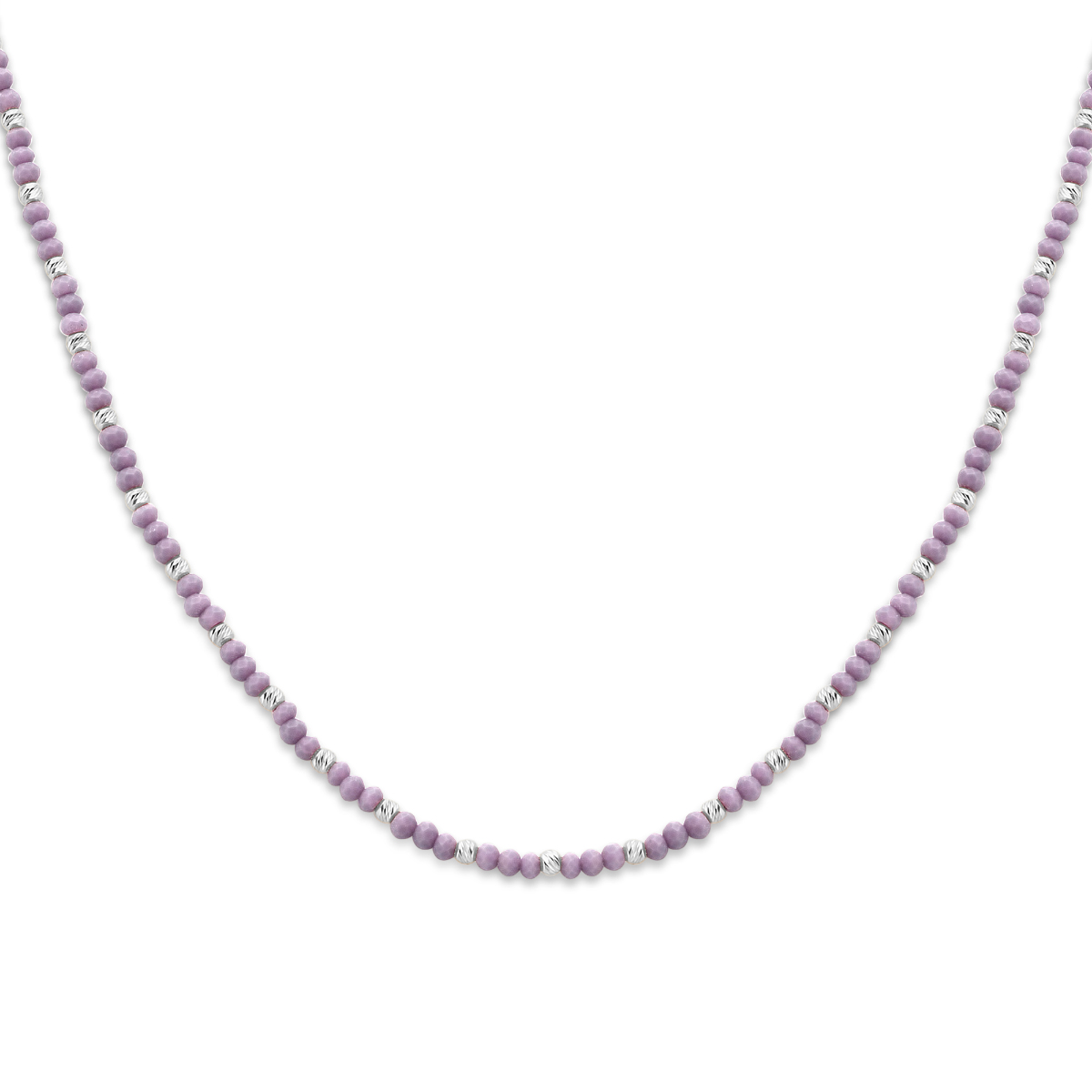 Gerhodineerd 925 zilveren collier uitgevoerd met violet glas en een karabijn sluiting. Het collier heeft een draaglengte van 41cm en een extensie van 4cm.