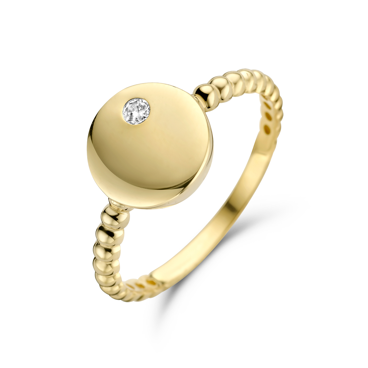 14k Geelgouden ring uitgevoerd met zirkonia. De ring heeft een breedte van 9mm.