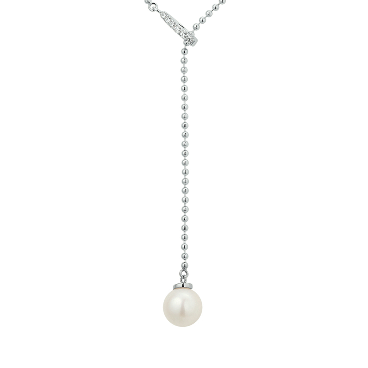 Zilver gerhodineerd collier met parel, 60 cm verschuifbaar.
De schakelbreedte is 1.5mm.
