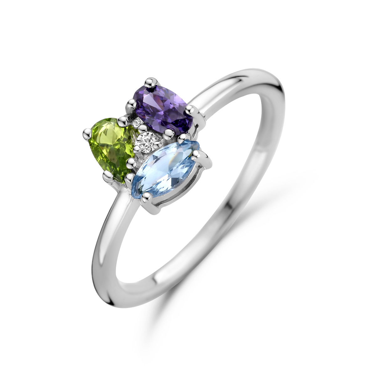 Gerhodineerd 925 zilveren ring uitgevoerd met vier stenen: zirkonia, amethist, synthetisch blauw spinel en synthetisch peridot. De ring heeft een breedte van 8mm.