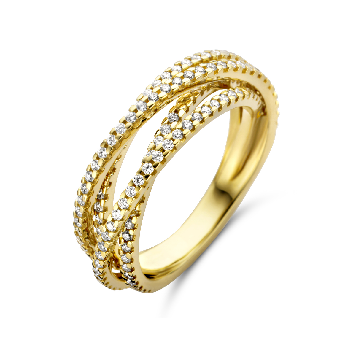 14k Geelgouden ring uitgevoerd met schitterende diamanten. De ring heeft een breedte van 6.5mm en het diamantgewicht is 0.66ct.